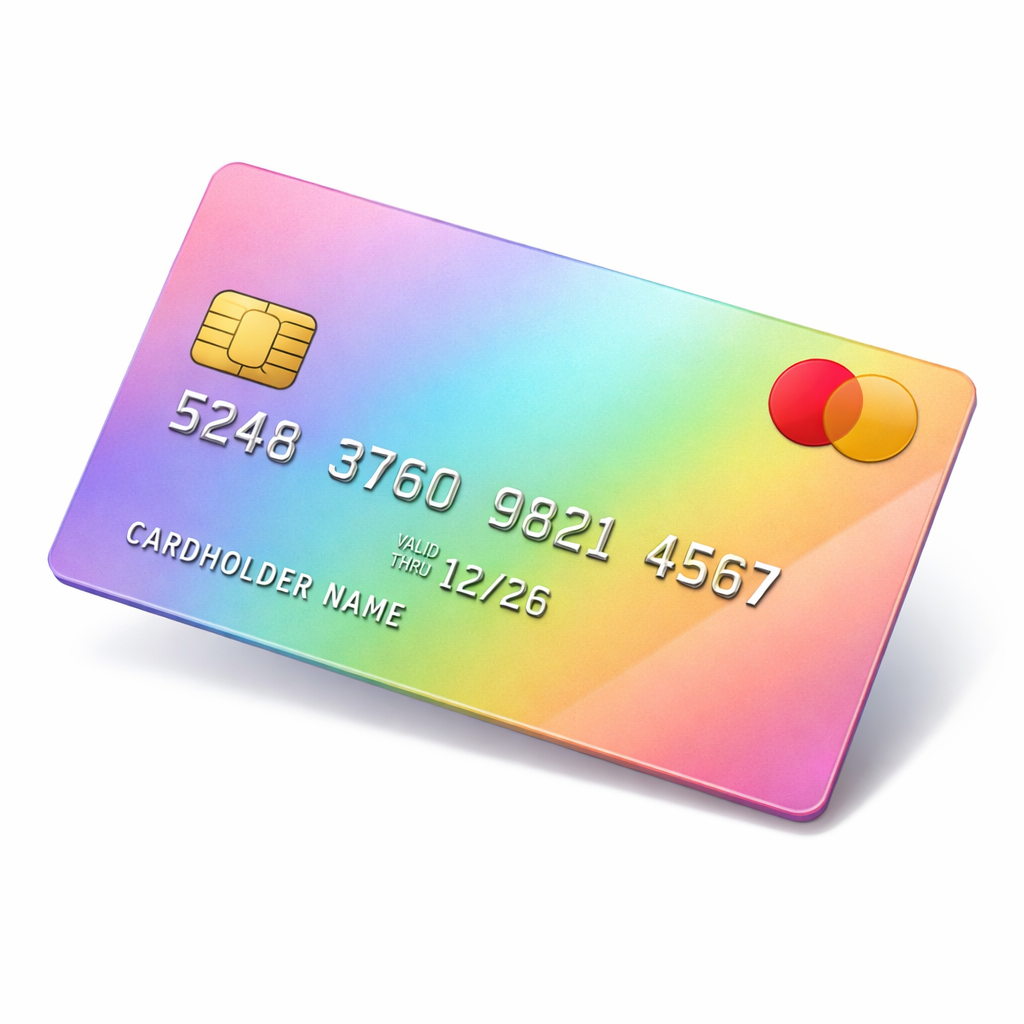 credit card with light rainbow gradiant colors tilted diagonally in 3d