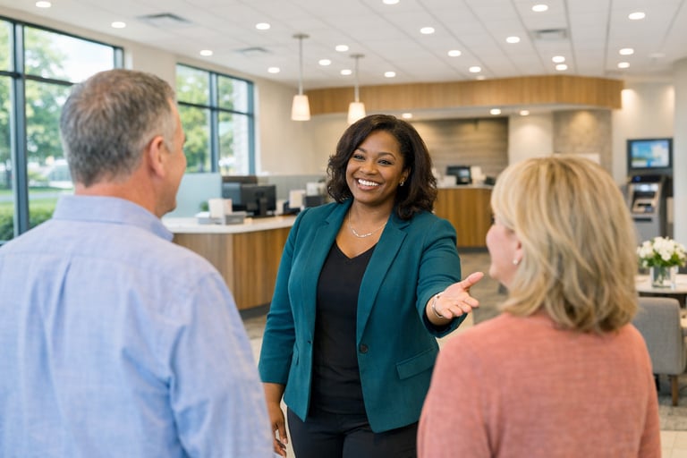 ABBA Credit Union team member warmly greeting members in a bright, modern Virginia branch lobby ABBA Credit Union team member warmly greeting members in a bright, modern Virginia branch lobby