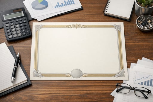 Clean certificate document on desk with calculator and financial planning materials Clean certificate document on desk with calculator and financial planning materials