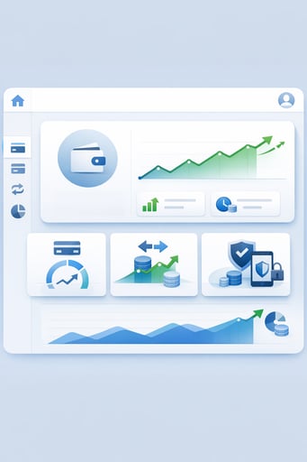Clean digital interface showing secure online banking dashboard with account balance and growth indicators