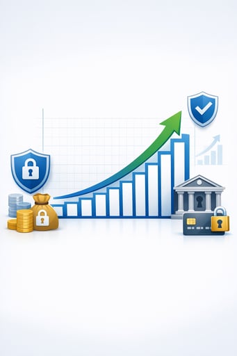 Clean financial growth chart showing upward trajectory with secure banking symbols Clean financial growth chart showing upward trajectory with secure banking symbols