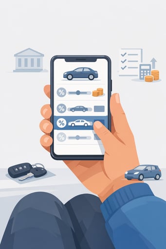 Clean illustration of a member reviewing auto loan options on a mobile device with simple interface elements