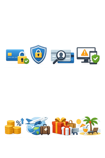Clean illustration of credit card security features and rewards benefits Clean illustration of credit card security features and rewards benefits