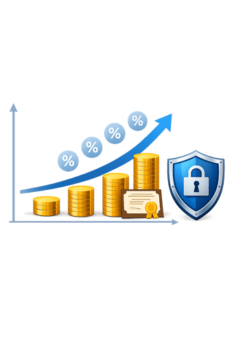 Clean infographic showing certificate of deposit growth with rising interest rate chart and security shield icon