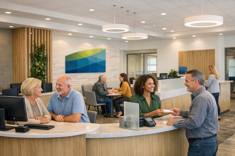 Clean, modern ABBA Credit Union branch interior with friendly staff assisting members Clean, modern ABBA Credit Union branch interior with friendly staff assisting members