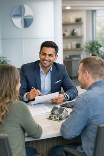 Clean, modern photo of a welcoming ABBA Credit Union loan officer assisting members with mortgage applications Clean, modern photo of a welcoming ABBA Credit Union loan officer assisting members with mortgage applications
