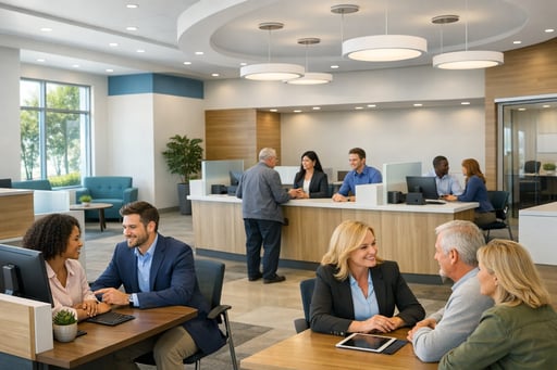 Clean, modern view of a welcoming credit union branch with bright natural lighting and professional staff assisting members Clean, modern view of a welcoming credit union branch with bright natural lighting and professional staff assisting members