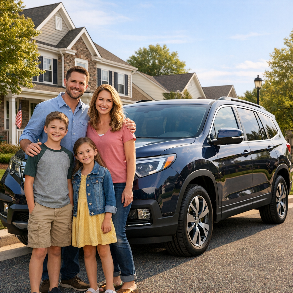 Family standing beside new vehicle in clean Virginia neighborhood setting