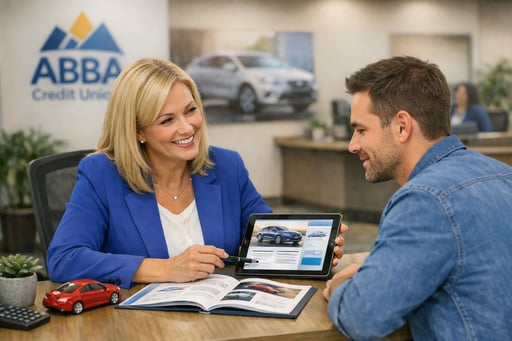 Friendly ABBA Credit Union loan officer consulting with member about auto financing options Friendly ABBA Credit Union loan officer consulting with member about auto financing options