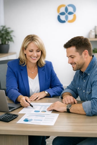 Friendly ABBA Credit Union loan officer reviewing personalized loan options with member at clean, modern desk