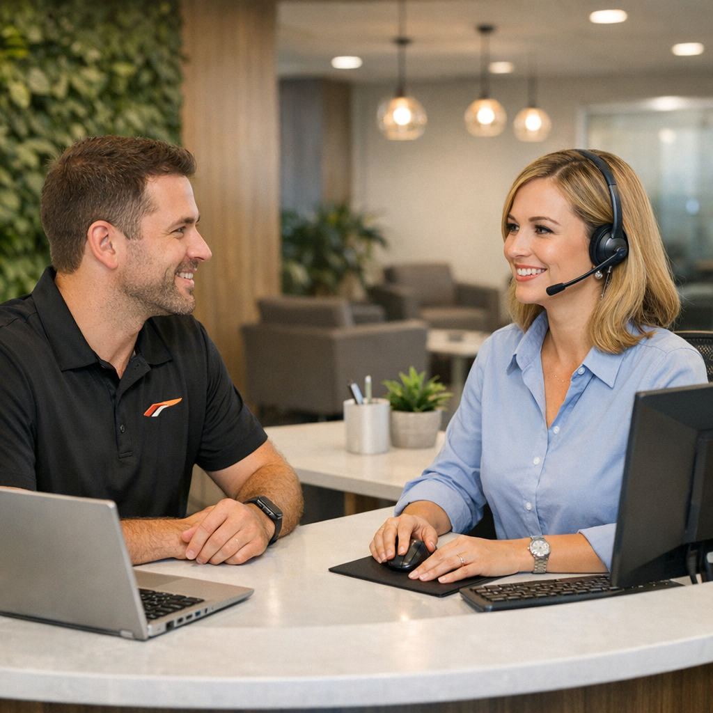 Friendly member services representative assisting WebStrategies employee at modern service desk