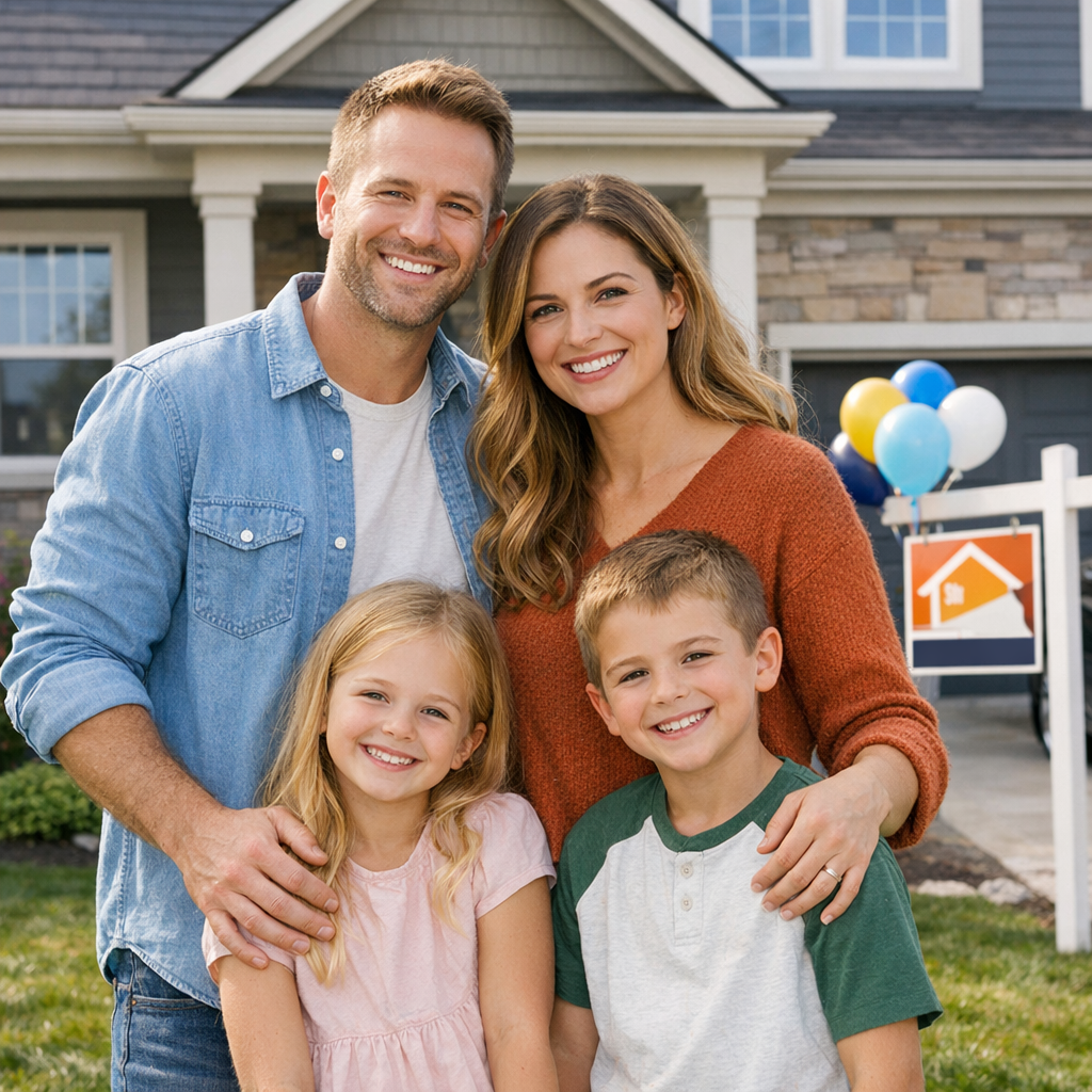 Happy family standing in front of new home financed through ABBA mortgage