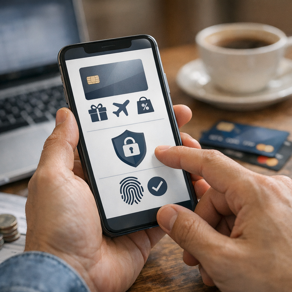 Member reviewing credit card rewards and security features on smartphone