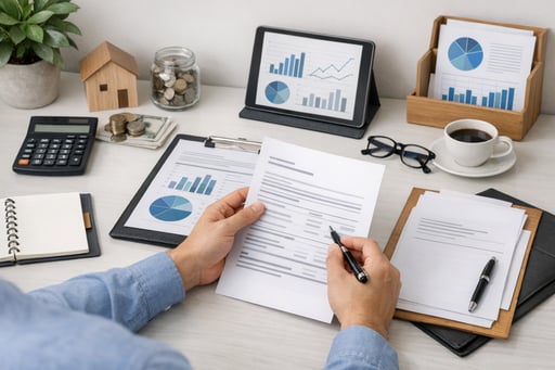 Member reviewing personal loan documents with clear financial planning materials on a clean, organized desk Member reviewing personal loan documents with clear financial planning materials on a clean, organized desk