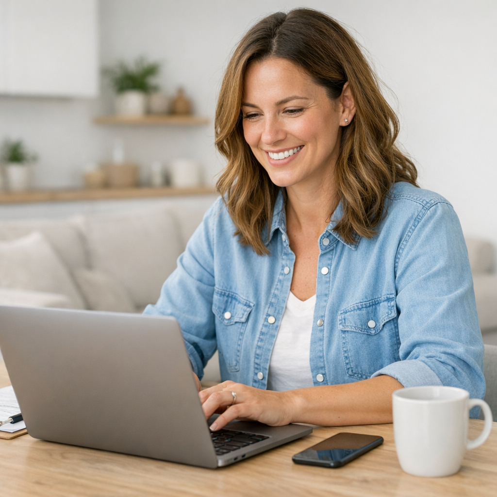 Member smiling while completing secure personal loan application on laptop in clean, minimalist home setting