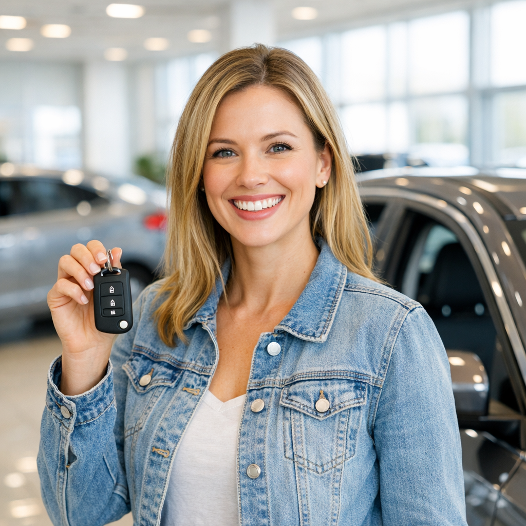 Member smiling with keys to new car in clean, bright dealership setting