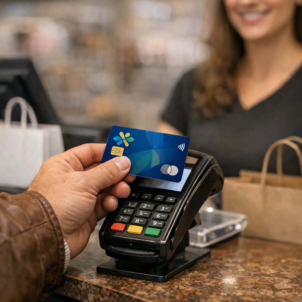 Member using ABBA Credit Union rewards credit card at retail checkout