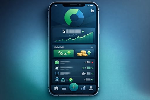 Modern mobile banking interface displaying high yield checking account features with secure transaction details Modern mobile banking interface displaying high yield checking account features with secure transaction details