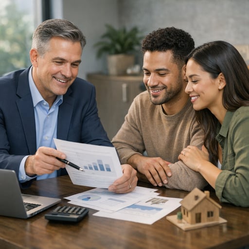 Professional loan officer reviewing mortgage options with homebuyer