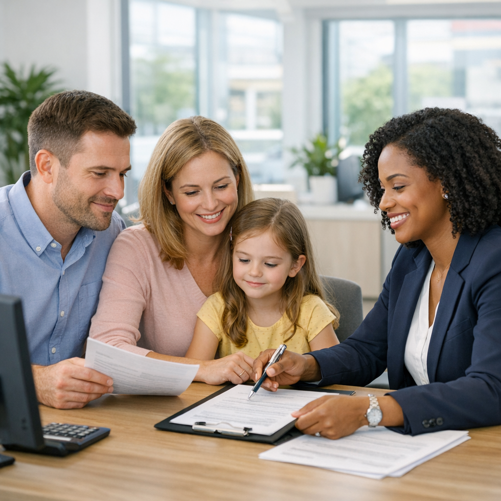 Virginia family reviewing personal loan documents with ABBA Credit Union loan officer in bright, modern office