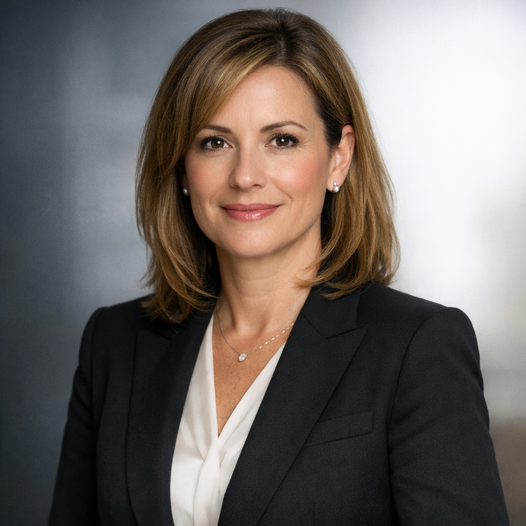 Professional portrait of Pam Beesly, Chief Financial Officer, in business attire